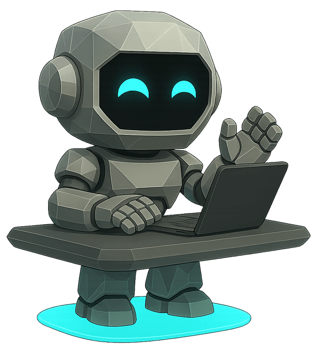 Roboter sitzt am Schreibtisch und Schreibt eine Email